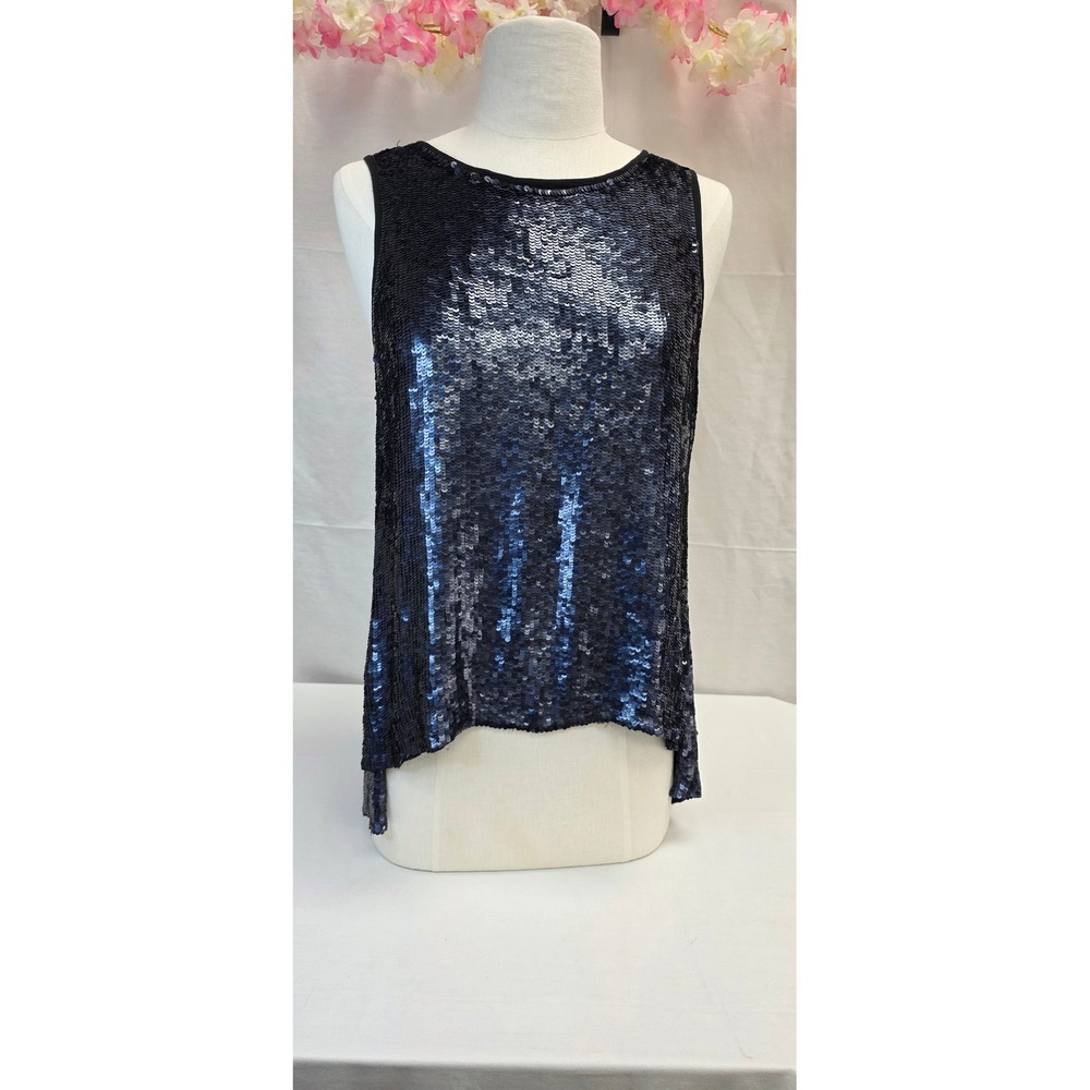 Parker Navy Blue Sequin Silk Split Back High Low Sleeveless Tank Top XS